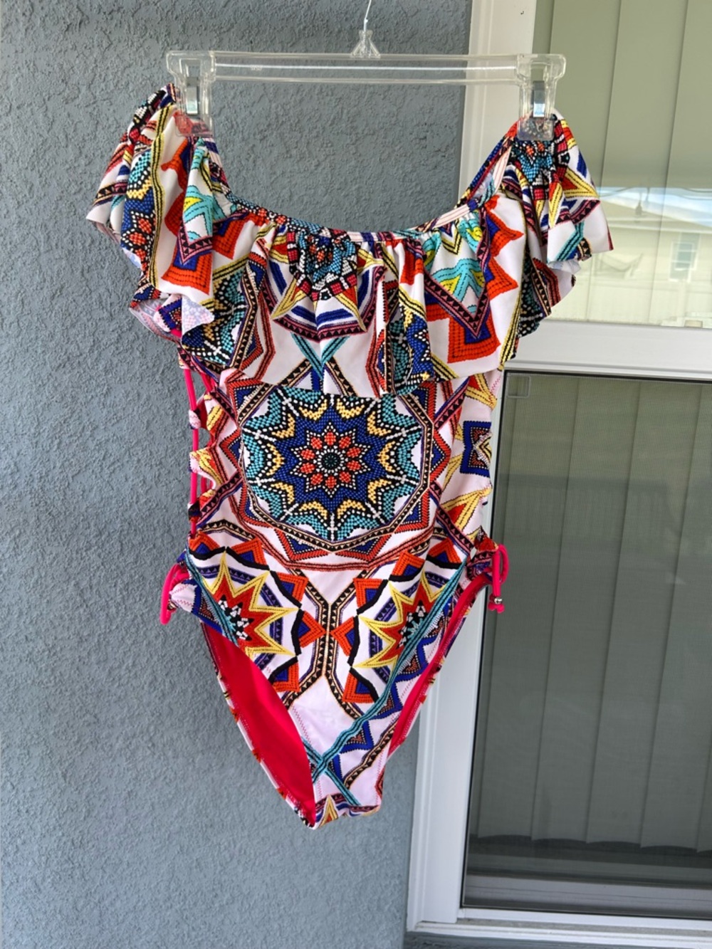 Tinibikini Sexy Lace Up Sides Bright Geometric Off Shoulder Festival Swimsuit M